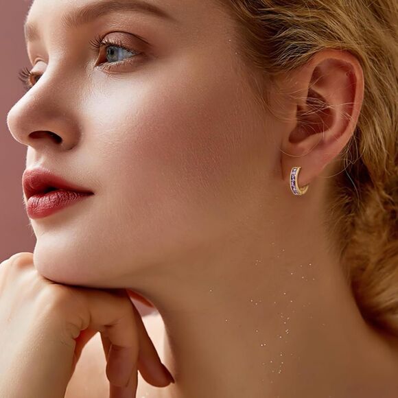 14K Yellow Gold with Purple Amethyst Cubic Zirconia Princess Cut Huggie Earrings - Picture 4 of 5